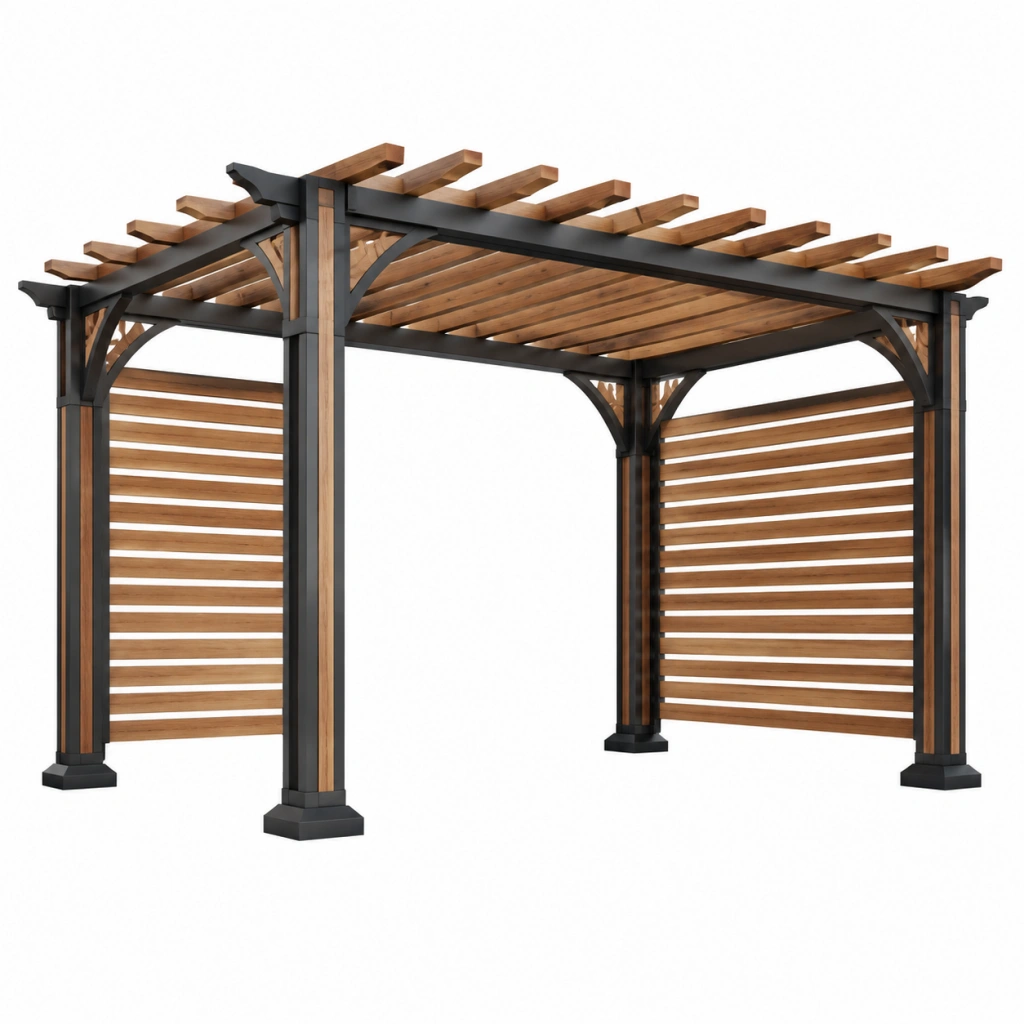 Pergola da giardino 400 x 300 x 230 cm in legno e metallo marrone nero con tetto a listelli
