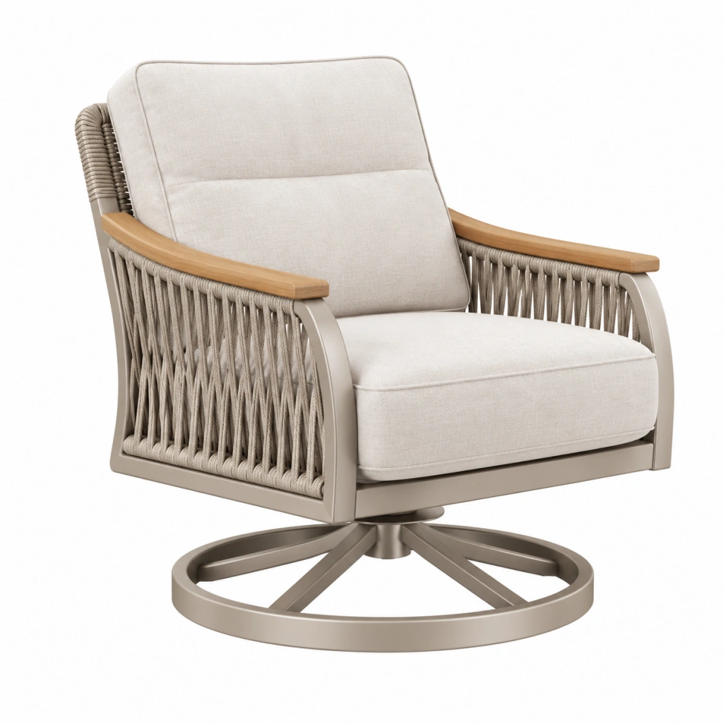 Poltrona da esterno girevole 80 x 82 x 93 cm in metallo corda e tessuto beige stile contemporaneo