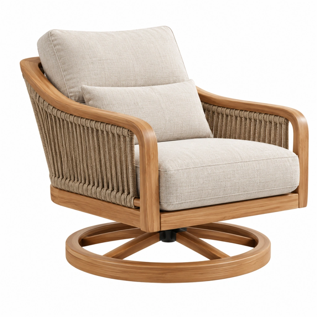 Poltrona girevole 82 x 85 x 88 cm in legno corda intrecciata e tessuto beige stile naturale